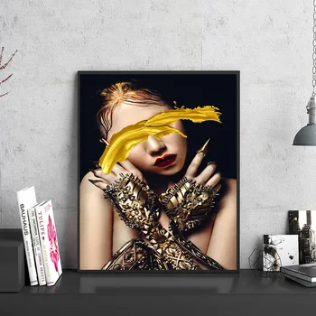Aukso Moterų Portretas, Paveikslas Cuadros Aliejaus Tapybos Drobės Makiažas Plakatus Spausdina Sienos paveiksl Meno Kambarį Namų Dekoro