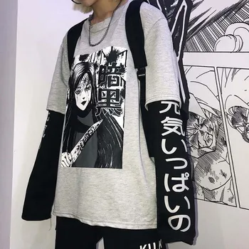 NiceMix Harajuku Palaidinukė Moterų Kratinys Unisex Puloveriai Japonų Anime Spausdinti Komiksus Džemperiai Netikrą 2 Vnt Moteris Streetwear
