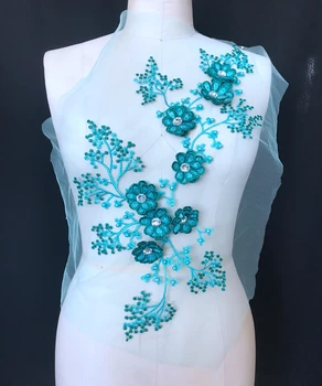 Siūti cirkonio nėrinių aplikacijos mėlyna-žalia apdaila lopai suknelė 