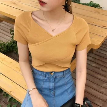 Korėjos Kryžiaus V Vasaros Kieto Naujas Moterų Mados Atsitiktinis marškinėliai Kaklo Marškinėliai 2019 Moterų Slim Trumpas Marškinėlius T Rankovėmis Viršūnes
