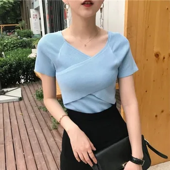 Korėjos Kryžiaus V Vasaros Kieto Naujas Moterų Mados Atsitiktinis marškinėliai Kaklo Marškinėliai 2019 Moterų Slim Trumpas Marškinėlius T Rankovėmis Viršūnes
