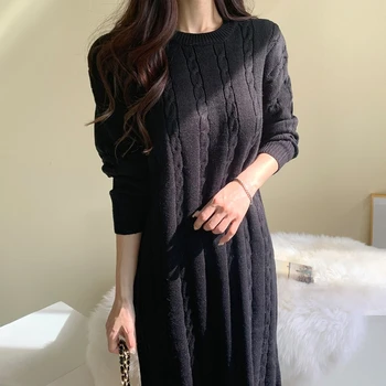 Naujų 2020 M. Rudens Žiemos Moterų Suknelės, Megzti Derliaus Elegantiškas Splitas Tiesiai Korėjos Kieta Panele Ilgos Suknelės