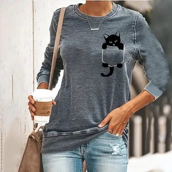 Moterų Animacinių filmų Katės Laisvalaikio Spausdinti Atsitiktinis marškinėliai ilgomis Rankovėmis Apvalios Kaklo Plonas Kietas Viršūnes Lady Rudenį Blusas Para Mujer