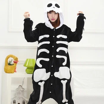 Suaugusiųjų Kigurumi Onesie Anime Moterų Kostiumas skeletas Kaukolės Helovyno Cosplay Animacinių filmų Gyvūnų Sleepwear Žiemą Šiltas Gobtuvu Pajama
