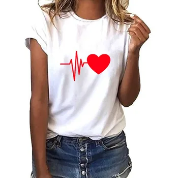 Naujas Mados Marškinėliai Moterims Širdies Atspausdintas Trumpas Rankovės O-kaklo T-shirt Moterims, Marškinėliai, Drabužių Streetwear Prekės Camiseta Mujer