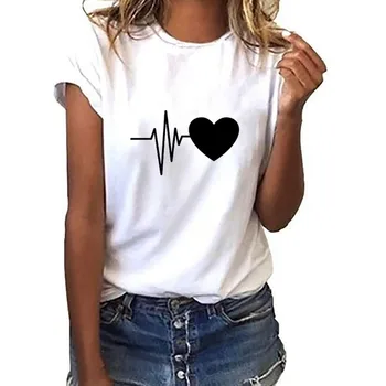 Naujas Mados Marškinėliai Moterims Širdies Atspausdintas Trumpas Rankovės O-kaklo T-shirt Moterims, Marškinėliai, Drabužių Streetwear Prekės Camiseta Mujer