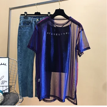 Seksualus Perspektyvos ryškus tiulio trumparankoviai marškinėliai moteriška vasaros naują hip-hop moterų vidutinio ilgio (T-shirt dirželis top-dviejų dalių kostiumėlį