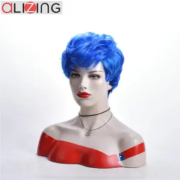 Alizing Trumpas Perukas Mėlyna Banga Curl Stiliaus Sintetinių Karščiui Atsparus Pluoštas Plaukų Moterims Gamtos Cosplay