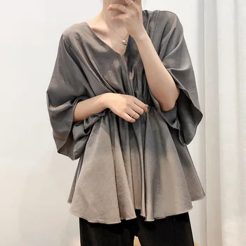 Rudenį nauji marškinėliai moterims šifono pusė rankovės famale drabužiai 2020 V-kaklo batwing rankovės elegantiškas viršūnes didelio dydžio P670