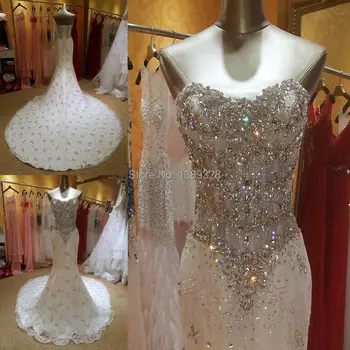 Realios Nuotraukos bling kristalų beadeds prabangių vestuvių suknelė undinė ilgą uodegą pamatyti per korsetas nėrinių nuotakos suknelė vestido de noiva