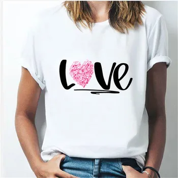 LUSLOS Plius Dydis Moterų, T-Shirt 2020 Metų Vasaros Rožės Širdies Spausdinti Marškinėliai Moterims Atsitiktinis Baltos Viršūnės Prarasti trumpomis Rankovėmis Marškinėlius Camisas