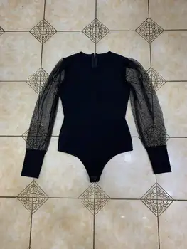 2020 Naujų moteris maudymosi kostiumėlį juodos bodysuit O-kaklo, ilgomis rankovėmis maudymosi kostiumėliai paplūdimio bodycon Įžymybė vakare šalies Tvarstis bodysuits