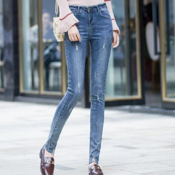 Rudenį naujų korėjos elastinės kojų ponios džinsai femme studentų džinsinio audinio kelnės plonas dėvėti kelnes plius dydis liesas džinsus moteris 5xl kelnės