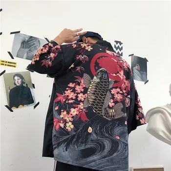 Japonijos Žuvų Gėlių Derliaus Spausdinimo Prarasti Juosmens Diržas Kimono Palaidinė Vasaros Streetwear Korėjos Moterų Ilgas Rankovėmis Viršuje Harajuku Apranga