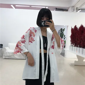 Japonijos Žuvų Gėlių Derliaus Spausdinimo Prarasti Juosmens Diržas Kimono Palaidinė Vasaros Streetwear Korėjos Moterų Ilgas Rankovėmis Viršuje Harajuku Apranga