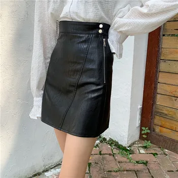 2019 moterų PU oda juoda bordo mini sijonai kišenės užtrauktukas skristi faldas mujer kieta moteris elegantiškos linijos sijonai
