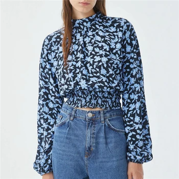Streetwear Moterų Mėlynos spalvos Gėlių Spausdinti Marškinėliai 
