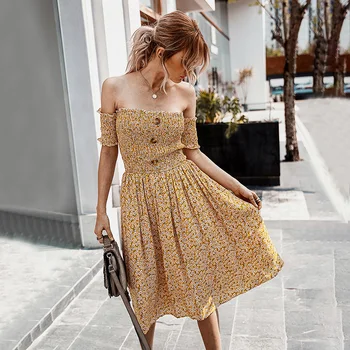 2020 metų Vasaros Boho Suknelė Moterims Gėlių Spausdinti Kelio Ilgio Suknelė Stebėjimo Off-the-Pečių Bustier Shirred Aukšto Juosmens Backless Suknelė