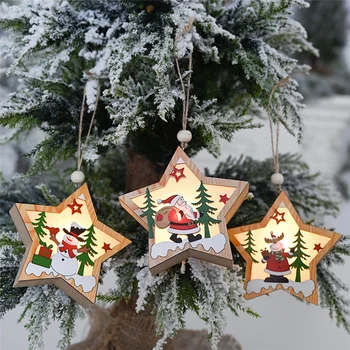 Kalėdų mediniai papuošalai linksmų kalėdų dekoracijos namų pentagram su šviesos Jupiteris Santa medis pakabukas 30O21