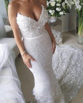2020 Sparkle Balta China Seksualus Undinė Vestuvių Suknelės Luxury Plus Size V-kaklo Vestuvių Suknelė Vestuvių Suknelės, Vestidos De Novia