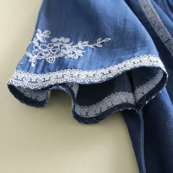 Vasaros siuvinėjimo denim palaidinė moterims jeans palaidinė trumpomis rankovėmis mėlyna atsitiktinis palaidų viršuje gėlių minkštas medvilnės marškinėliai peplum palaidinė