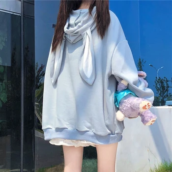 Kawaii Hoodies Moterų Žiemos Japonijos Mielas Lokys Modelis Laisvi Megztiniai Su Triušio Ausis Skrybėlę Atsitiktinis Tirštėti Hoodie