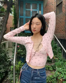 Moterų Šypsena Modelio Marškinėliai Ilgomis Rankovėmis Apkarpyti, Viršutinį Mygtuką Medvilnės Korėjos Stiliaus Saldus Atsitiktinis Vasaros Rudens Tee