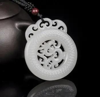 LETSFUN Fine Jewelry Natūralus Baltas Ranka raižyti Kinijos Hetian Jade Dragon Pakabukas + Lyno Karoliai Nemokamas Pristatymas