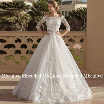Mbcullyd Spalvingas Off Peties Princesė Vestuvių Suknelės 2020 m. su Rankovėmis Grindų Ilgis Kristalų Varčias Valymo Traukinio Vestuvių Suknelė