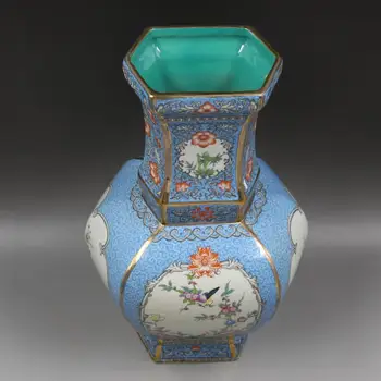 Čing qian ilgų metų ženklas mėlyna emalį šešiakampis gėlių vaza Namų Baldai antikvariniai porceliano papuošalus antikvariniai daiktai boutique