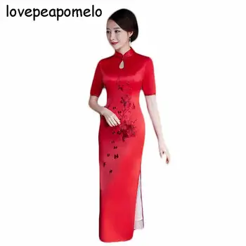 2018 Naujas Vasaros Moterų Sunkiųjų Šilko Imitacijos Siuvinėjimo Mados Retro Stiliaus Kinijos Ilgai Cheongsam Moterų Suknelė D131