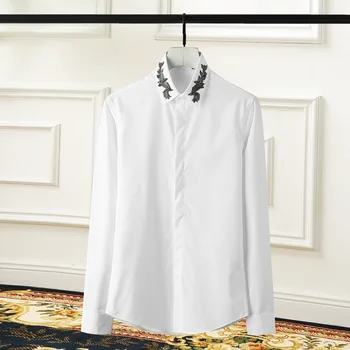 Juoda Balta Vyrų Marškinėliai Prabangūs Indijos Vielos Siuvinėjimo ilgomis Rankovėmis Mens Marškiniai Plius Dydis 3XL 4XL Slim Fit Mens Suknelė Marškiniai