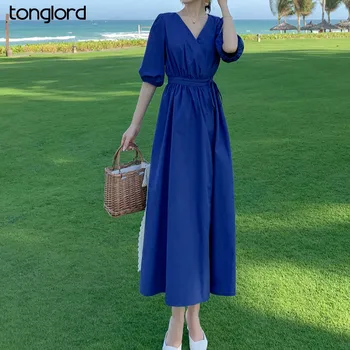 Tonglord Vasaros Trumpomis Rankovėmis Paplūdimio Suknelės 2020 Naujas Moterų Bohemijos Mėlyną Atostogų Suknelė Moteris Sluoksniuotos Rankovėmis Šalies Vestido