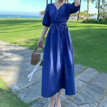 Tonglord Vasaros Trumpomis Rankovėmis Paplūdimio Suknelės 2020 Naujas Moterų Bohemijos Mėlyną Atostogų Suknelė Moteris Sluoksniuotos Rankovėmis Šalies Vestido