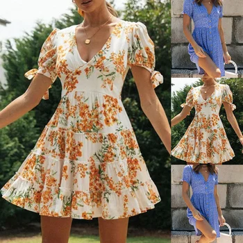 2021 Plus Size Naujas Vasaros Suknelė Mergaitėms Elegantiškas Šalies Moterų Vintage Suknelė Šifono Spausdinti Trumpas Rankovės Moterų Suknelės, Skraistės Vestido
