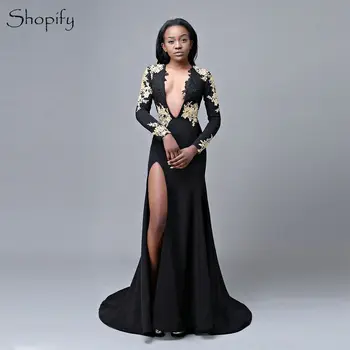 Ilga Elegantiška Prom Dresses 2020 Giliai V-kaklo, ilgomis Rankovėmis Atvira nugara Grindų Ilgis Pusėje Ritininės Afrikos Juodieji Prom Dress