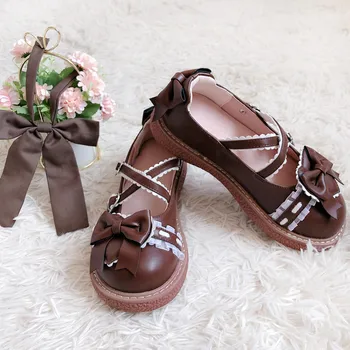 Japonijos studentų saldus lolita batai derliaus apvalios galvos patogi moterims, batai mielas bowknot kryžiaus dirželis kawaii batai loli cos