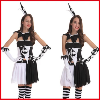 Helovinas suaugusiųjų klounas kostiumai moterims cirko klounas Helovinas kostiumas etape drabužių Klasikinis seksualus, Juodos ir baltos klounas Suknelė