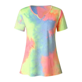Vasaros Moterų marškinėliai Atsitiktinis Palaidų V-Kaklo trumpomis Rankovėmis tie Dažai Išspausdintas Viršų Blusas женская футболка