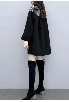 Moterų Houndstooth Kratinys Vilnonių Žiemos Striukė, Šiltas Kailis Juodas Prarasti Rudenį Paltas Outwear Moterų Mados Atsitiktinis Žaliojo Paltai
