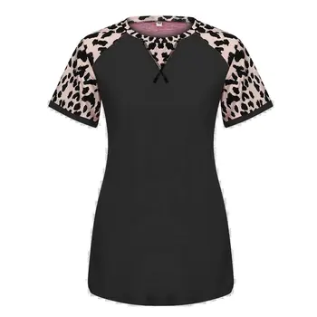 Karšto kf-Moterų Apvalios Kaklo Leopardas Spausdinti vientisos Spalvos Atsitiktinis trumpomis Rankovėmis T-Shirt
