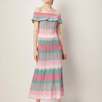 Moterų spalvinga Dryžuotas Off Peties Megzti Suknelę 2020 Metų Vasaros Aukšto Juosmens Trumpas Rankovės velniop kaklo mezgimo suknelės Vestidos