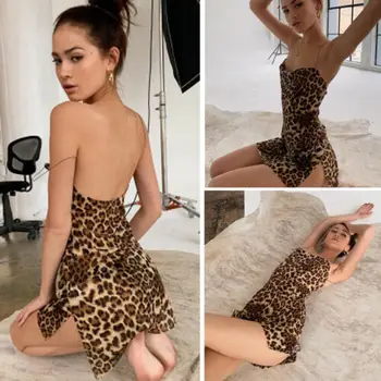 Mados Moterų Diržas Rankovių Leopard Aukšto juosmens Backless Slim Padalinta Mini Suknelė Ponios Vasaros Seksualus Šalies Klubas Trumpą Suknelę S-L