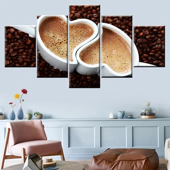 Spausdinimo 5 skydelis tapybos kavos pupelių nuotrauką širdies formos taurės plakatas drobės virtuvės restoranas namų dekoro modulinės sienos meno rėmelį