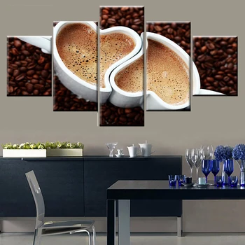 Spausdinimo 5 skydelis tapybos kavos pupelių nuotrauką širdies formos taurės plakatas drobės virtuvės restoranas namų dekoro modulinės sienos meno rėmelį