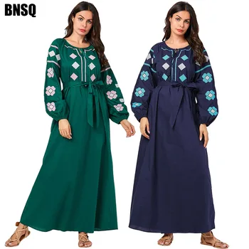 BNSQ Moterims Gėlių Siuvinėjimas Suknelė, Ilgas, Maxi Puoštas Caftan Naujas Plus Size Ehnic ilgomis Rankovėmis Visą Mergaičių Drabužių Mėlynos Suknelės