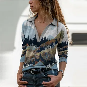 Moterų Plius Dydžio Kalnų Spausdinti Moterų Megztinis ilgomis Rankovėmis Palaidinukė Marškinėliai Topai Stovėti Apykaklės Korėja Stilių Vintage marškinėliai