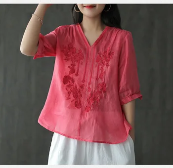 Artsy ramės (kiniškosios dilgėlės) siuvinėjimas, marškinėliai topai vasaros derliaus prarasti V-kaklo pusė rankovių viršūnes