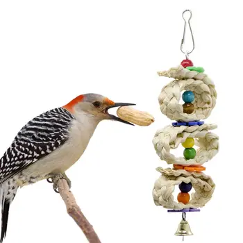 Paukštis Papūga Žaislas su Bell Natūralios Medinės Žolės Kramtomoji Bite Sruogos Moliniai Žaislai Kabo Narve Sūpynės