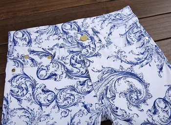 Nauji vyriški vyrų mados mėlynos ir baltos spalvos porceliano modelio spausdinimo džinsai Slim stretch denim pencil kelnės Ilgos kelnės